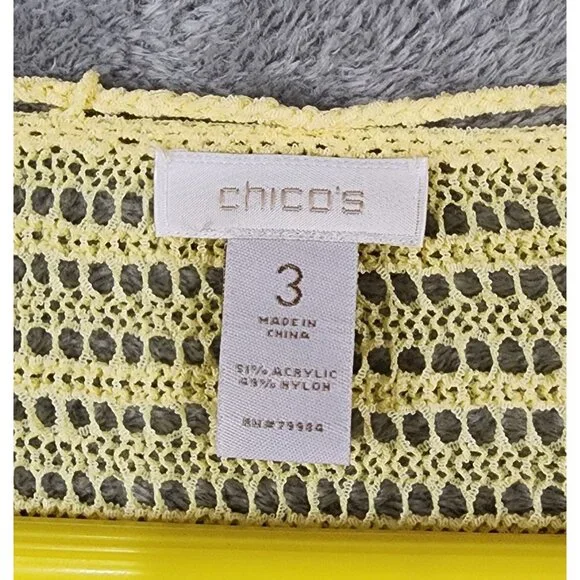 Chicos Shirt Womens Size 3 Yellow Open Knit V Neck Tassels 3/4 Sleeve Loose Top - Picture 3 of 10